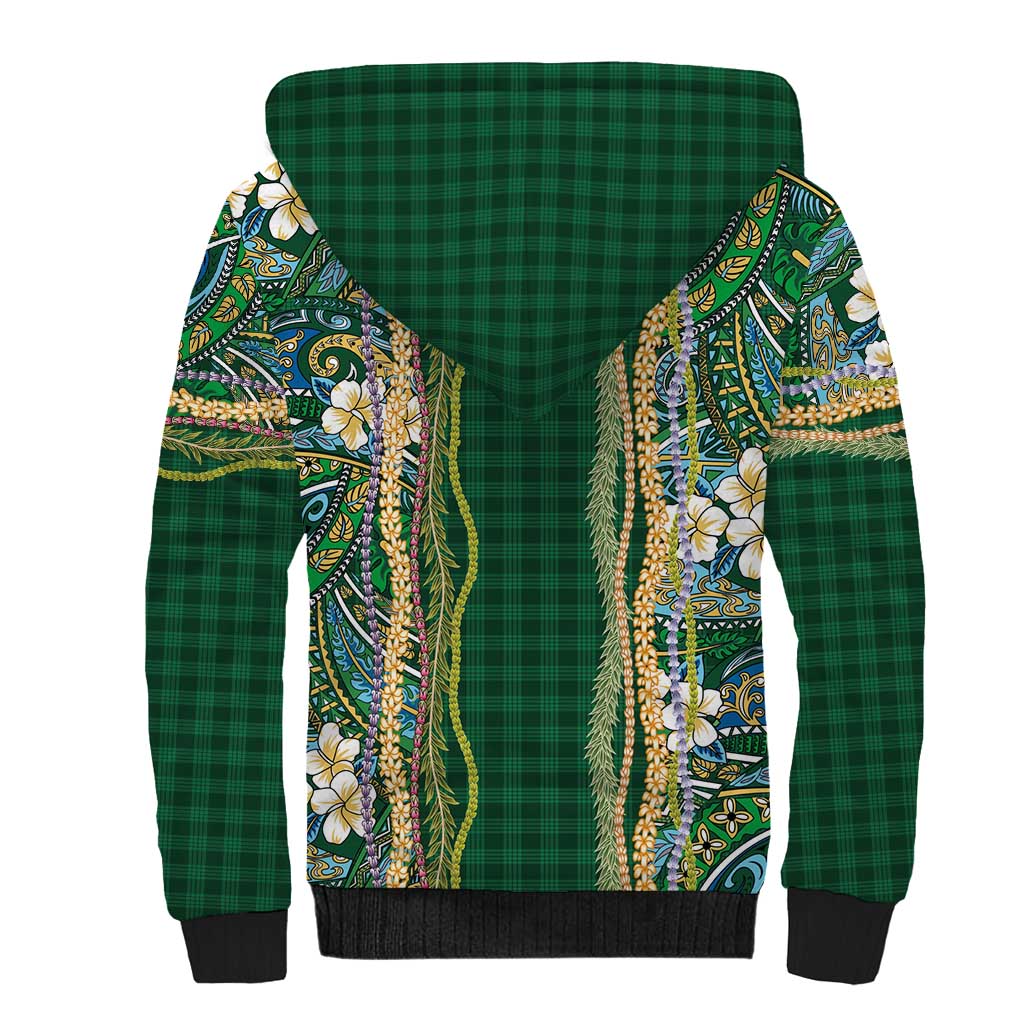 Hawaiian Art Flower Tribal with Lei Sherpa Hoodie Palaka Pattern Green Color - Polynesian Pride