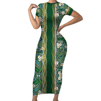 Hawaiian Art Flower Tribal with Lei Short Sleeve Bodycon Dress Palaka Pattern Green Color - Polynesian Pride