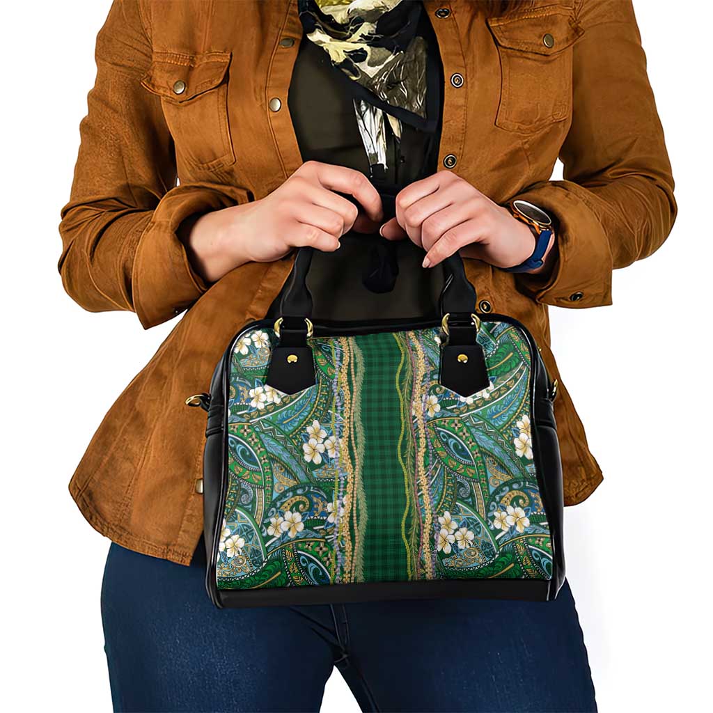Hawaiian Art Flower Tribal with Lei Shoulder Handbag Palaka Pattern Green Color - Polynesian Pride
