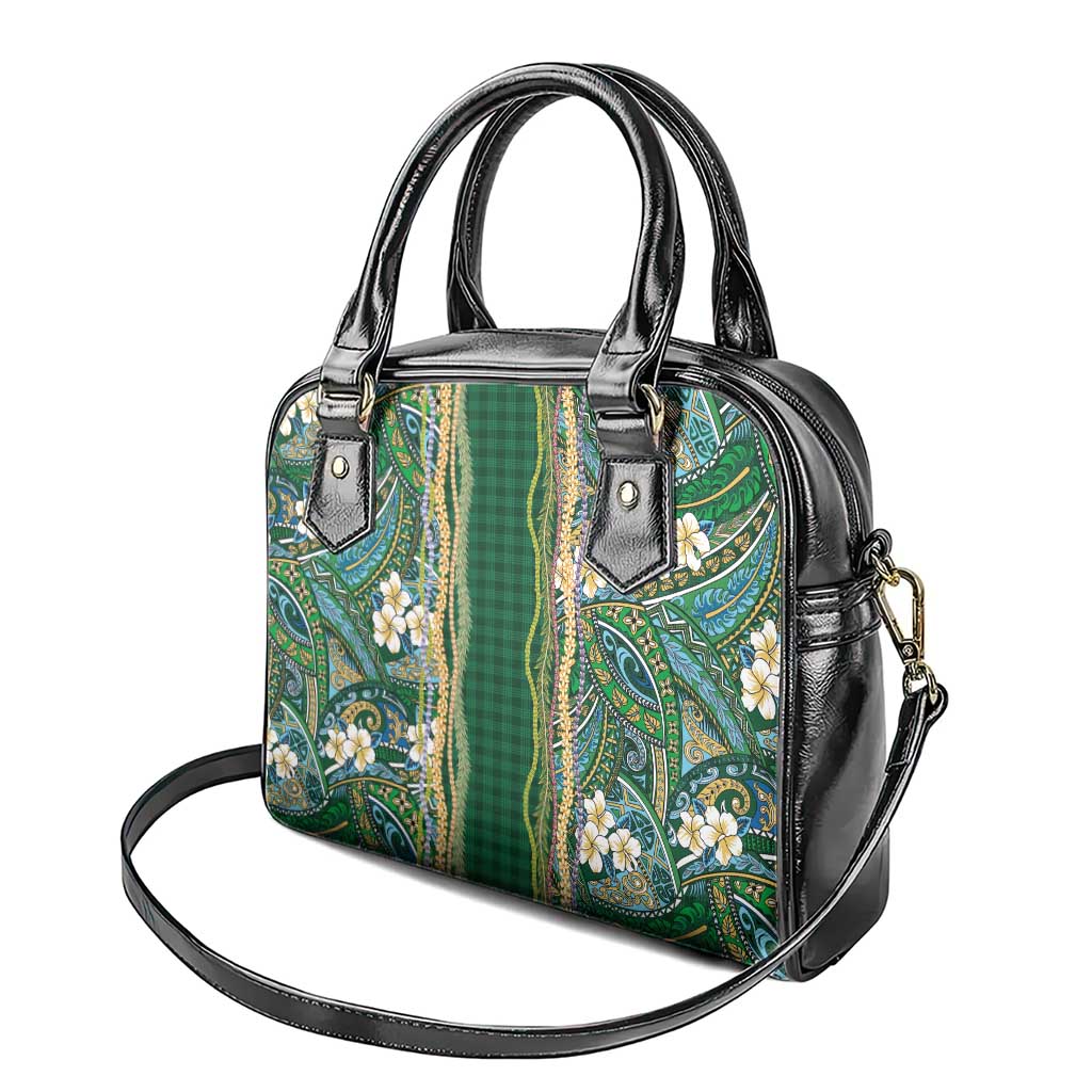 Hawaiian Art Flower Tribal with Lei Shoulder Handbag Palaka Pattern Green Color - Polynesian Pride