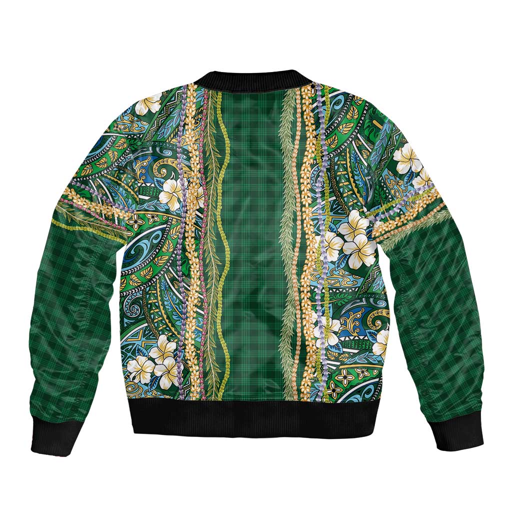 Hawaiian Art Flower Tribal with Lei Sleeve Zip Bomber Jacket Palaka Pattern Green Color - Polynesian Pride