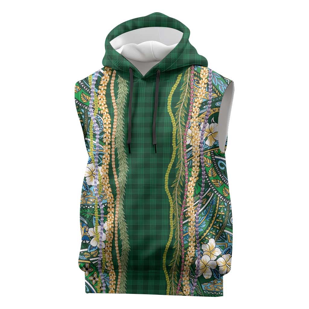 Hawaiian Art Flower Tribal with Lei Sleeveless Hoodie Palaka Pattern Green Color - Polynesian Pride