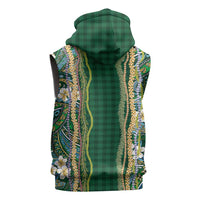 Hawaiian Art Flower Tribal with Lei Sleeveless Hoodie Palaka Pattern Green Color - Polynesian Pride