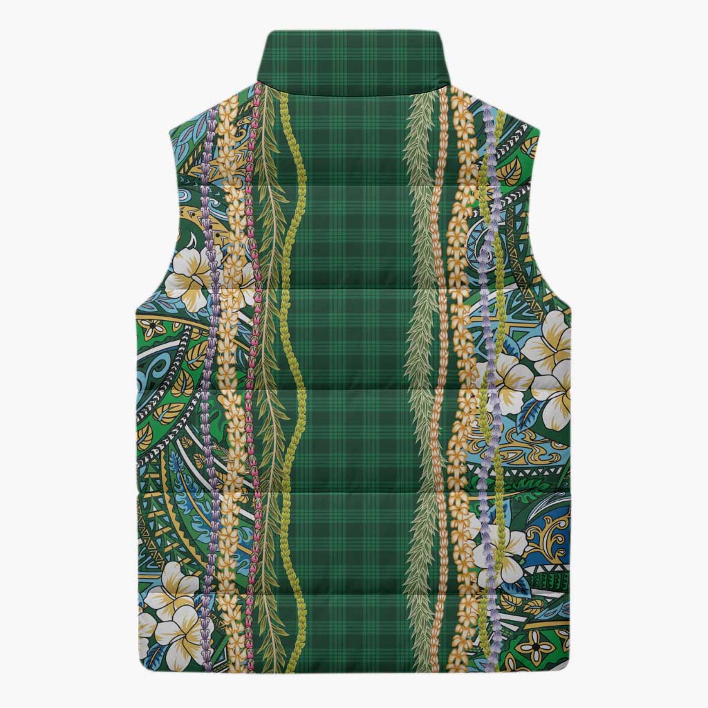Hawaiian Art Flower Tribal with Lei Sleeveless Puffer Jacket Palaka Pattern Green Color - Polynesian Pride