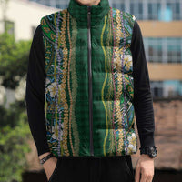 Hawaiian Art Flower Tribal with Lei Sleeveless Puffer Jacket Palaka Pattern Green Color - Polynesian Pride