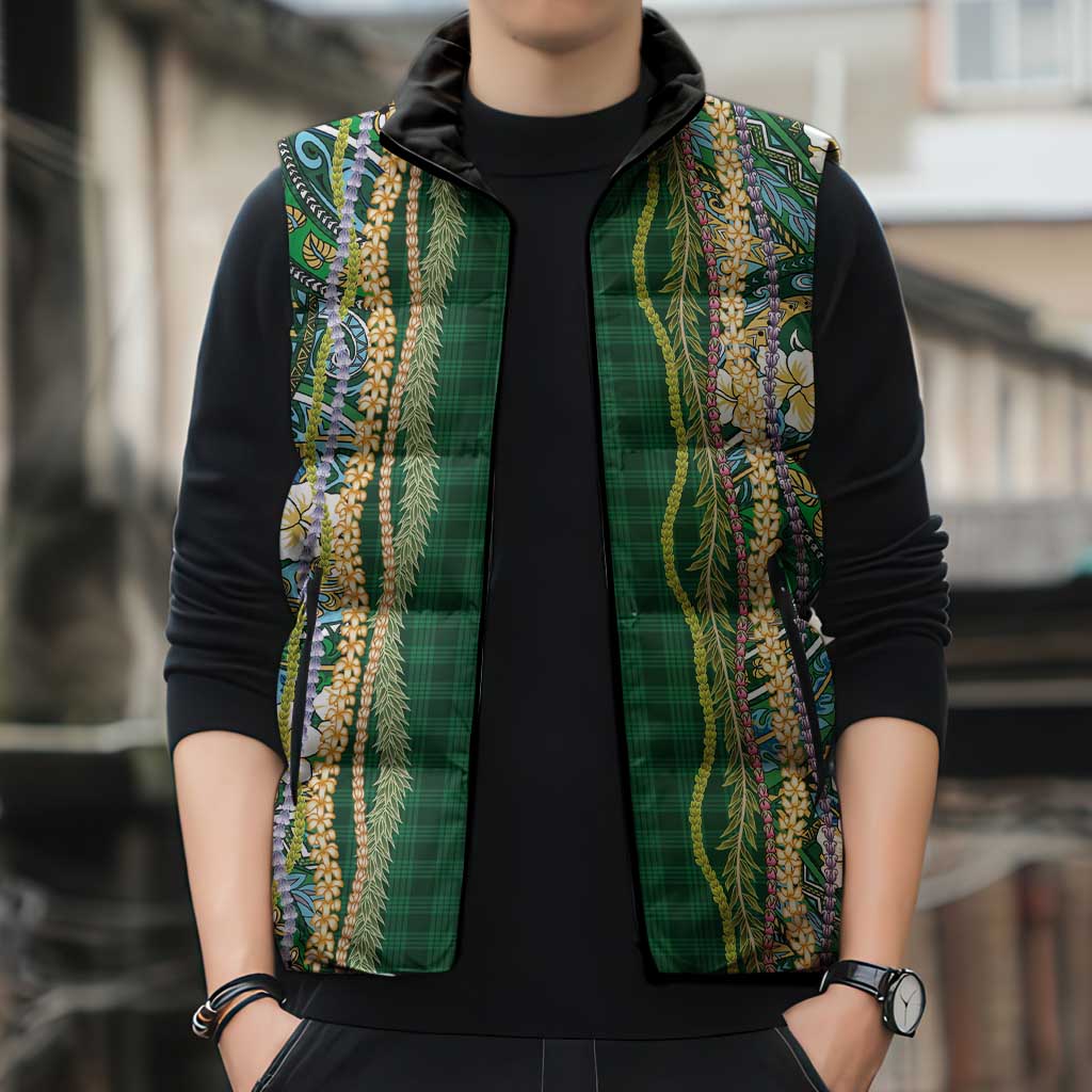 Hawaiian Art Flower Tribal with Lei Sleeveless Puffer Jacket Palaka Pattern Green Color - Polynesian Pride