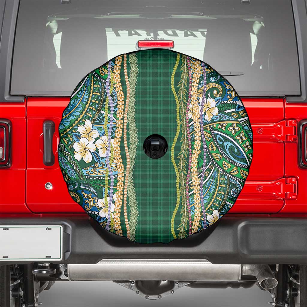 Hawaiian Art Flower Tribal with Lei Spare Tire Cover Palaka Pattern Green Color - Polynesian Pride