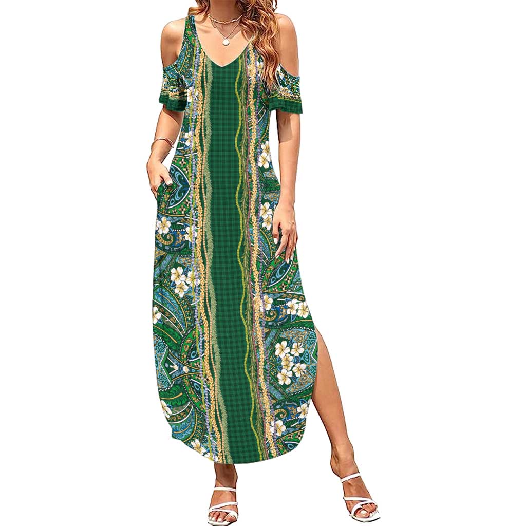 Hawaiian Art Flower Tribal with Lei Summer Maxi Dress Palaka Pattern Green Color - Polynesian Pride