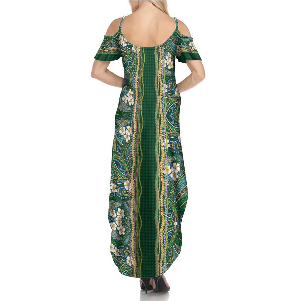 Hawaiian Art Flower Tribal with Lei Summer Maxi Dress Palaka Pattern Green Color - Polynesian Pride