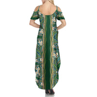 Hawaiian Art Flower Tribal with Lei Summer Maxi Dress Palaka Pattern Green Color - Polynesian Pride
