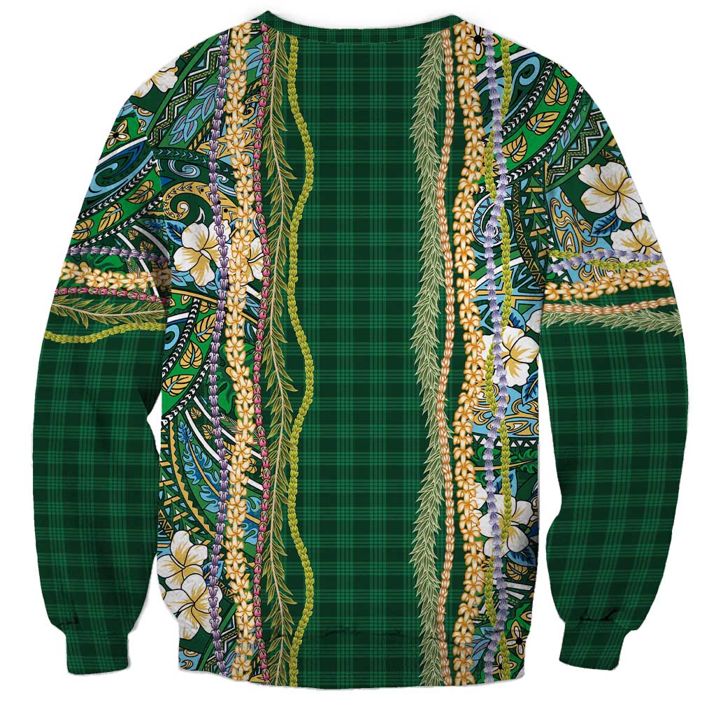 Hawaiian Art Flower Tribal with Lei Sweatshirt Palaka Pattern Green Color - Polynesian Pride