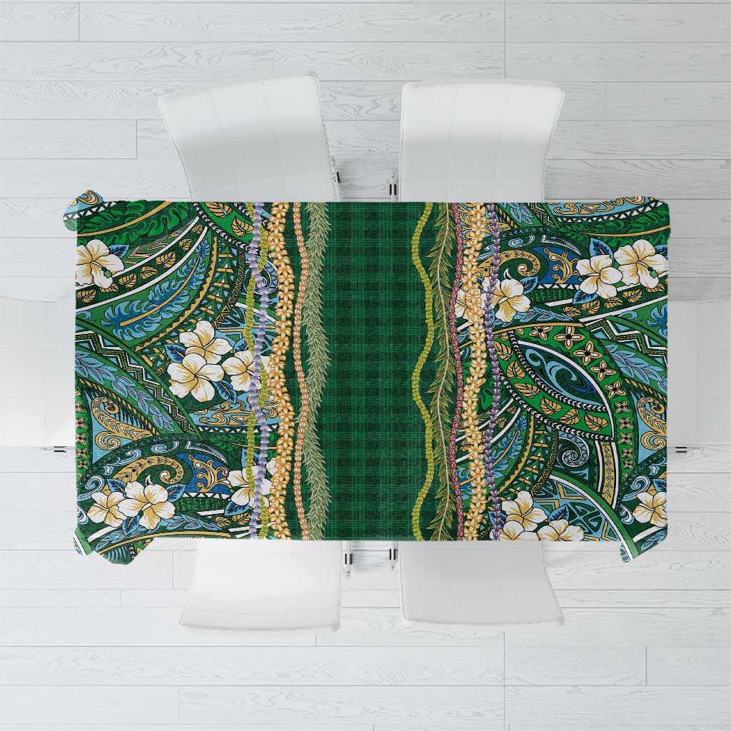 Hawaiian Art Flower Tribal with Lei Tablecloth Palaka Pattern Green Color - Polynesian Pride