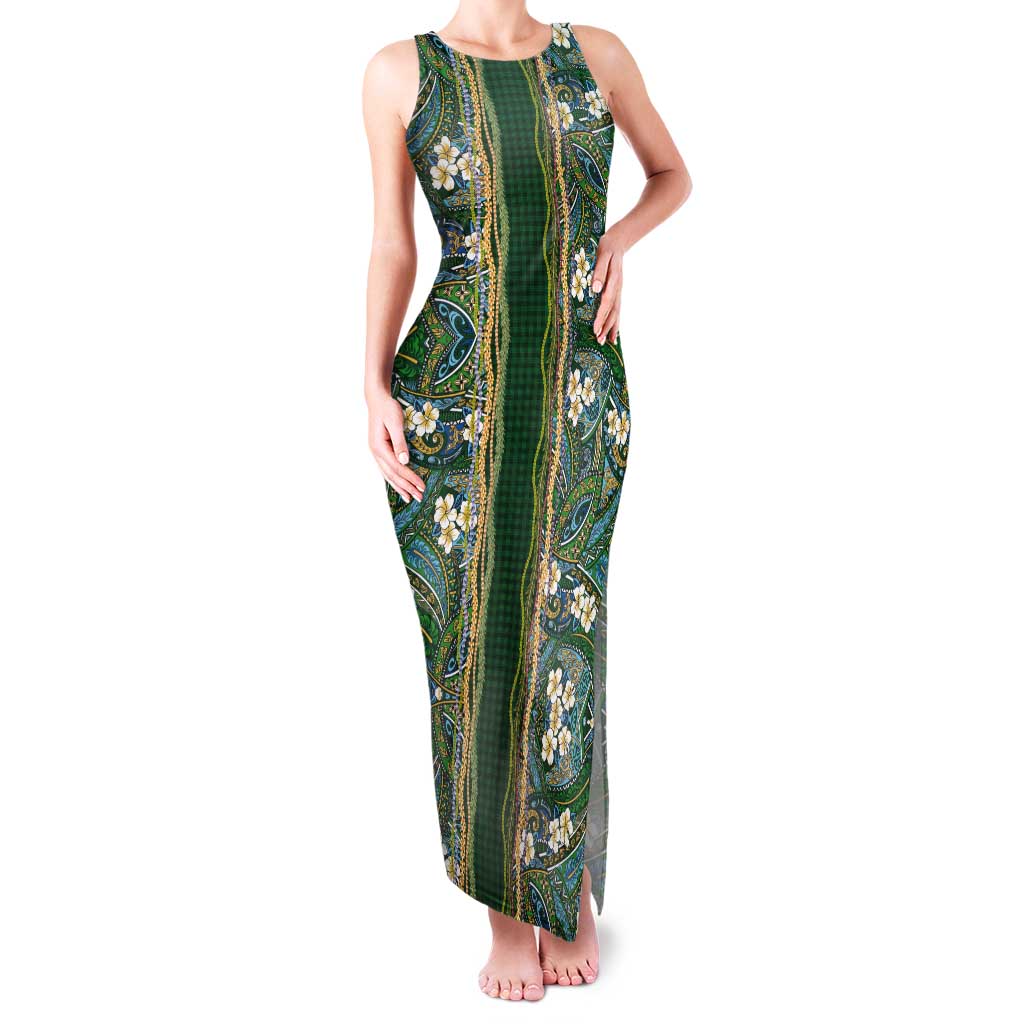 Hawaiian Art Flower Tribal with Lei Tank Maxi Dress Palaka Pattern Green Color - Polynesian Pride