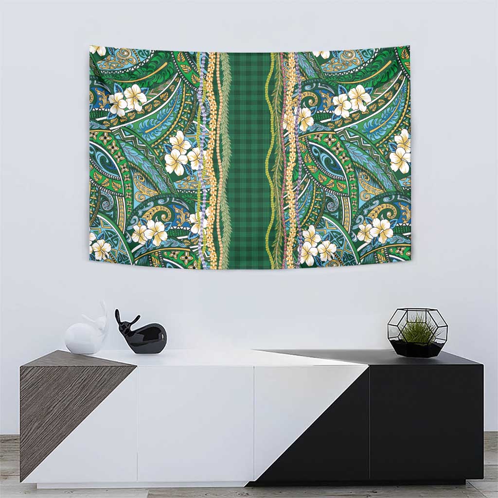 Hawaiian Art Flower Tribal with Lei Tapestry Palaka Pattern Green Color - Polynesian Pride
