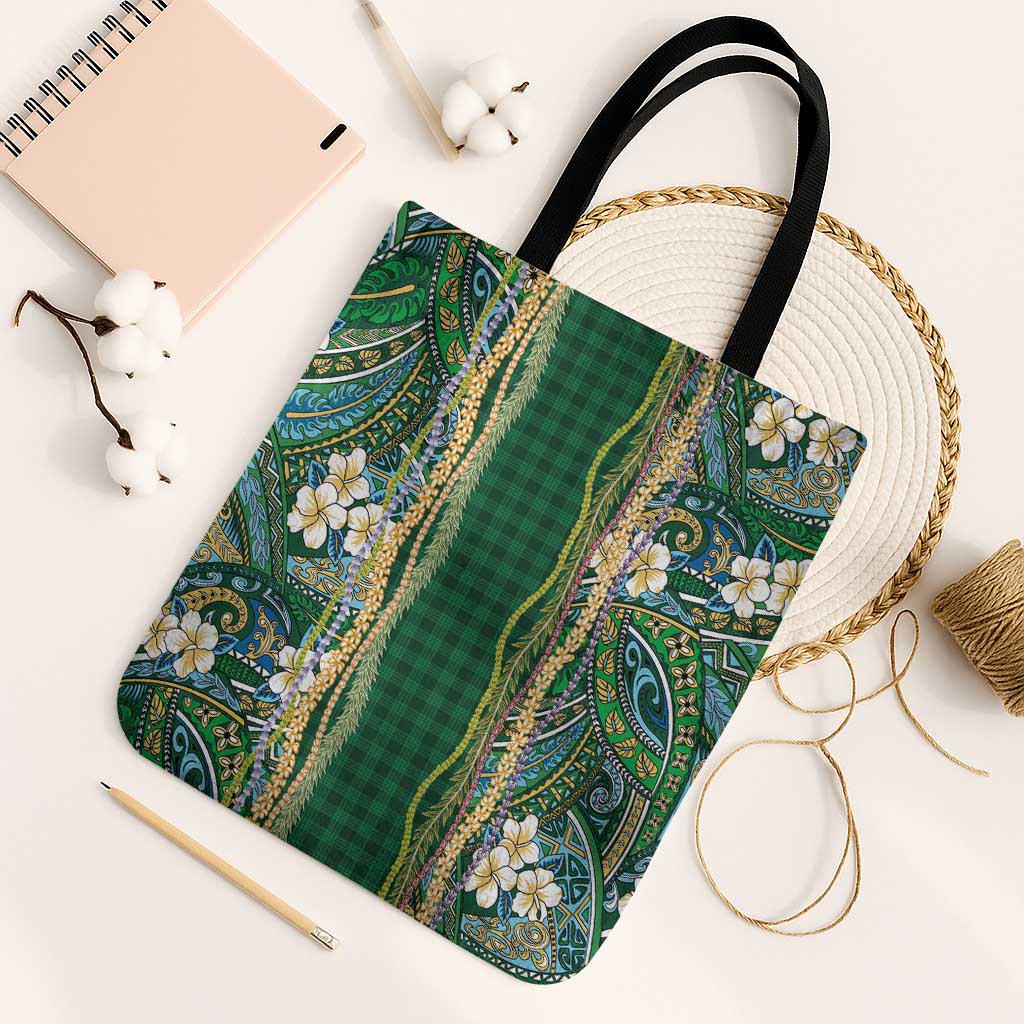 Hawaiian Art Flower Tribal with Lei Tote Bag Palaka Pattern Green Color - Polynesian Pride