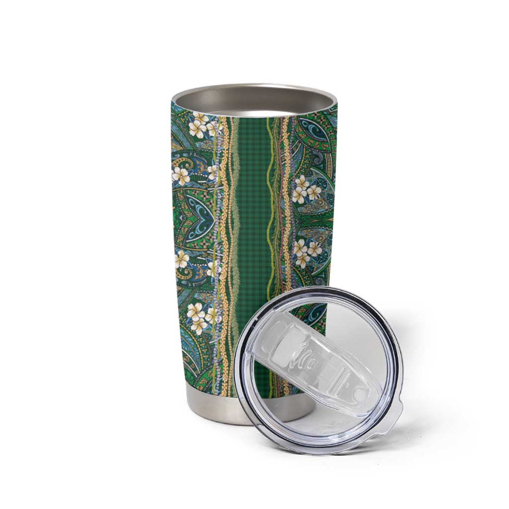 Hawaiian Art Flower Tribal with Lei Tumbler Cup Palaka Pattern Green Color - Polynesian Pride