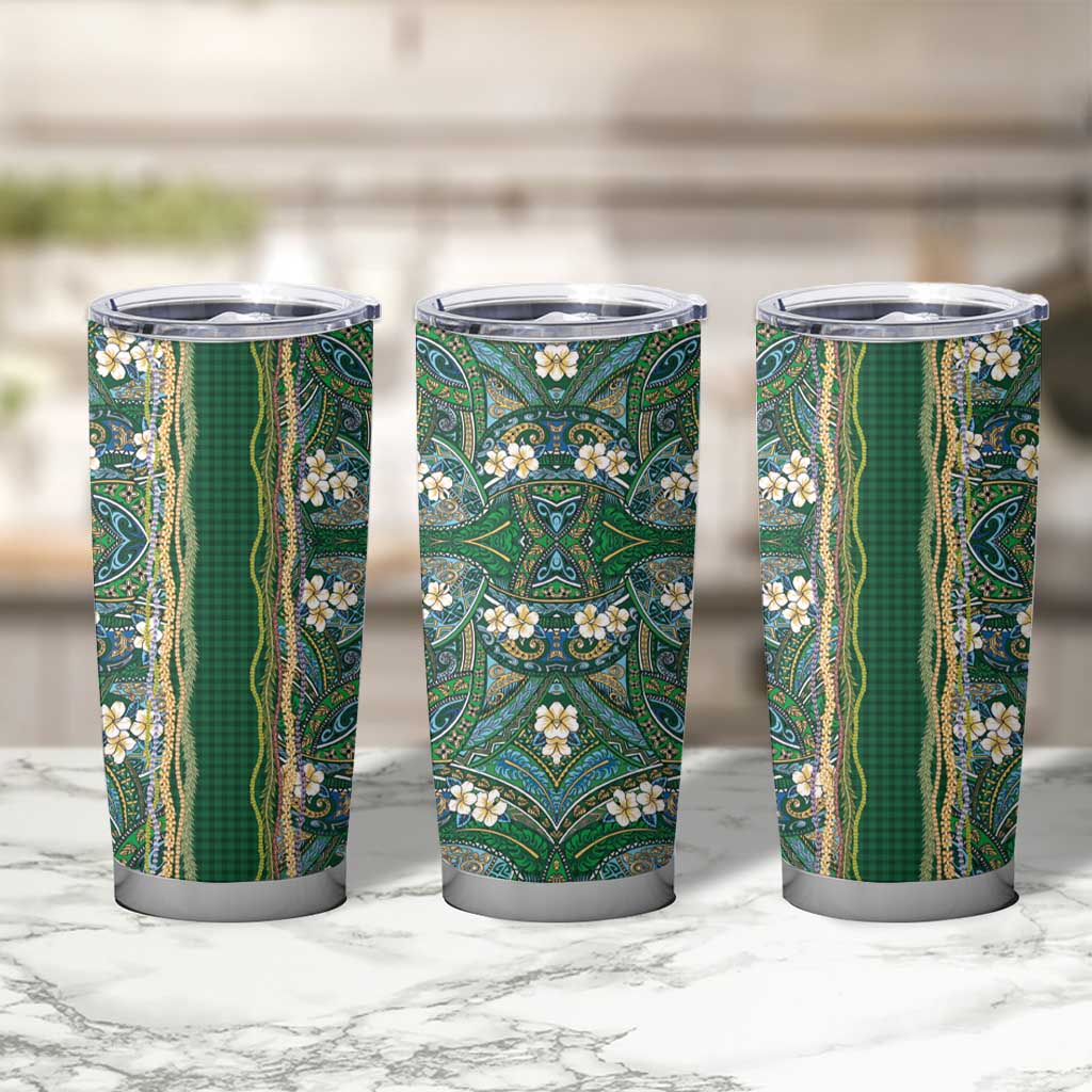 Hawaiian Art Flower Tribal with Lei Tumbler Cup Palaka Pattern Green Color - Polynesian Pride