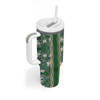 Hawaiian Art Flower Tribal with Lei Tumbler With Handle Palaka Pattern Green Color - Polynesian Pride