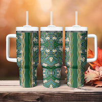 Hawaiian Art Flower Tribal with Lei Tumbler With Handle Palaka Pattern Green Color - Polynesian Pride