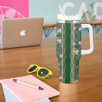 Hawaiian Art Flower Tribal with Lei Tumbler With Handle Palaka Pattern Green Color - Polynesian Pride