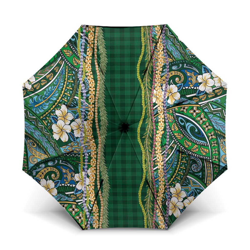 Hawaiian Art Flower Tribal with Lei Umbrella Palaka Pattern Green Color - Polynesian Pride