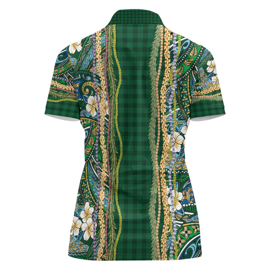 Hawaiian Art Flower Tribal with Lei Women Polo Shirt Palaka Pattern Green Color - Polynesian Pride