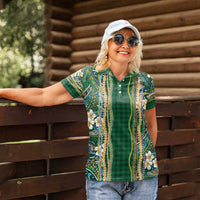 Hawaiian Art Flower Tribal with Lei Women Polo Shirt Palaka Pattern Green Color - Polynesian Pride