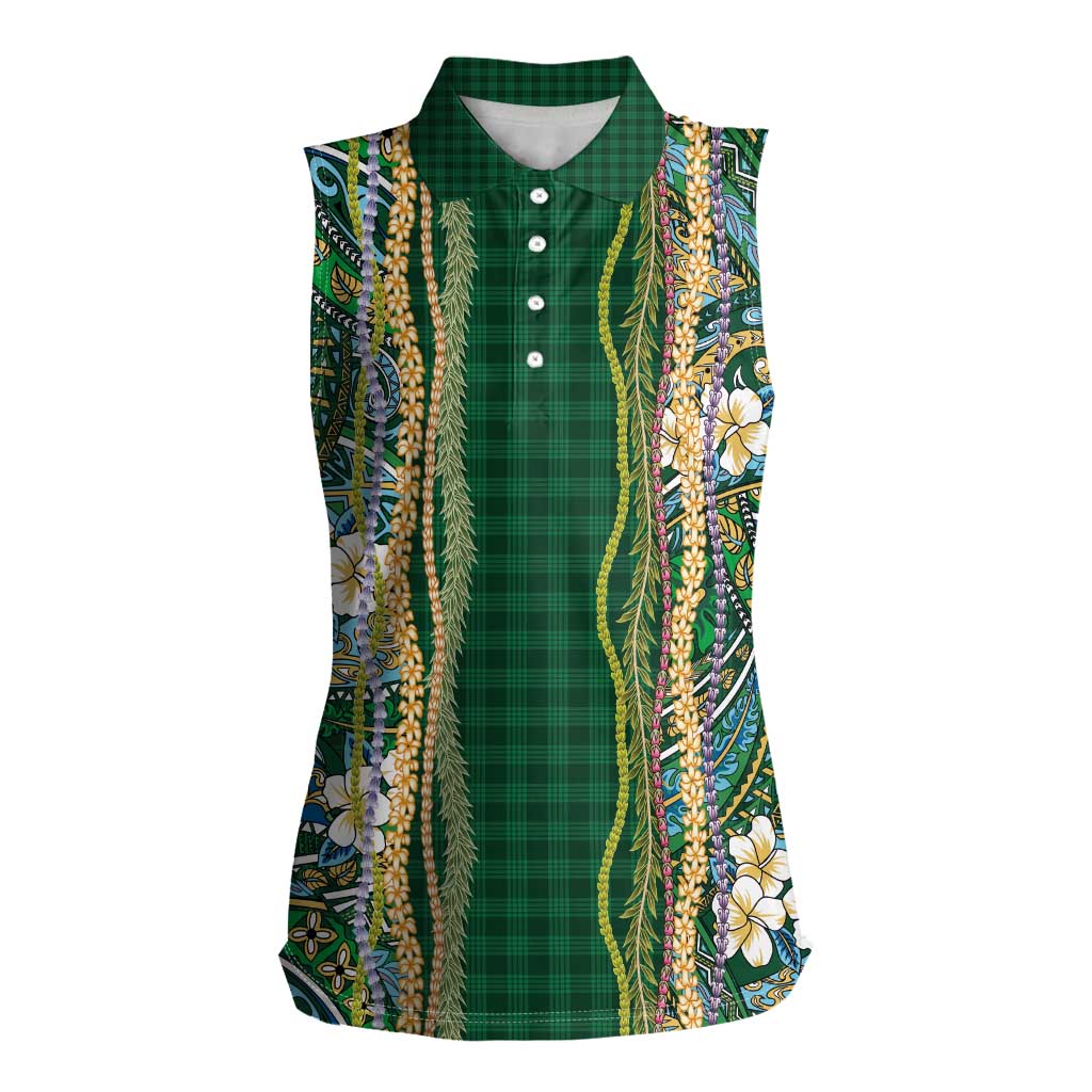 Hawaiian Art Flower Tribal with Lei Women Sleeveless Polo Shirt Palaka Pattern Green Color - Polynesian Pride