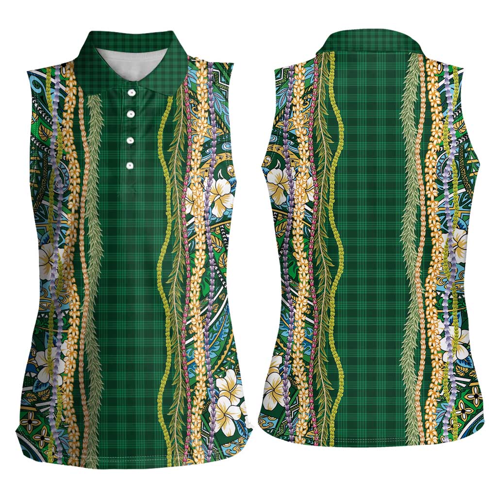 Hawaiian Art Flower Tribal with Lei Women Sleeveless Polo Shirt Palaka Pattern Green Color - Polynesian Pride