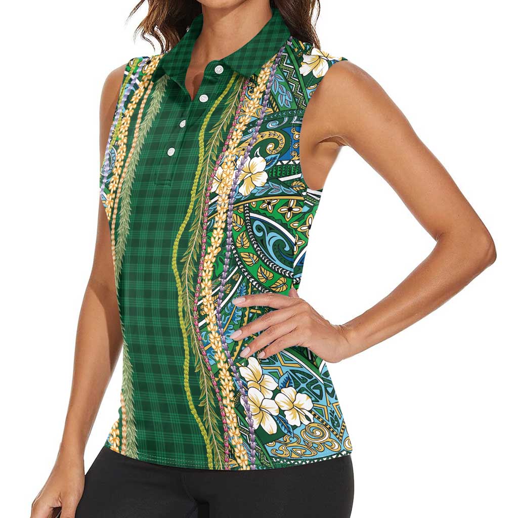 Hawaiian Art Flower Tribal with Lei Women Sleeveless Polo Shirt Palaka Pattern Green Color - Polynesian Pride