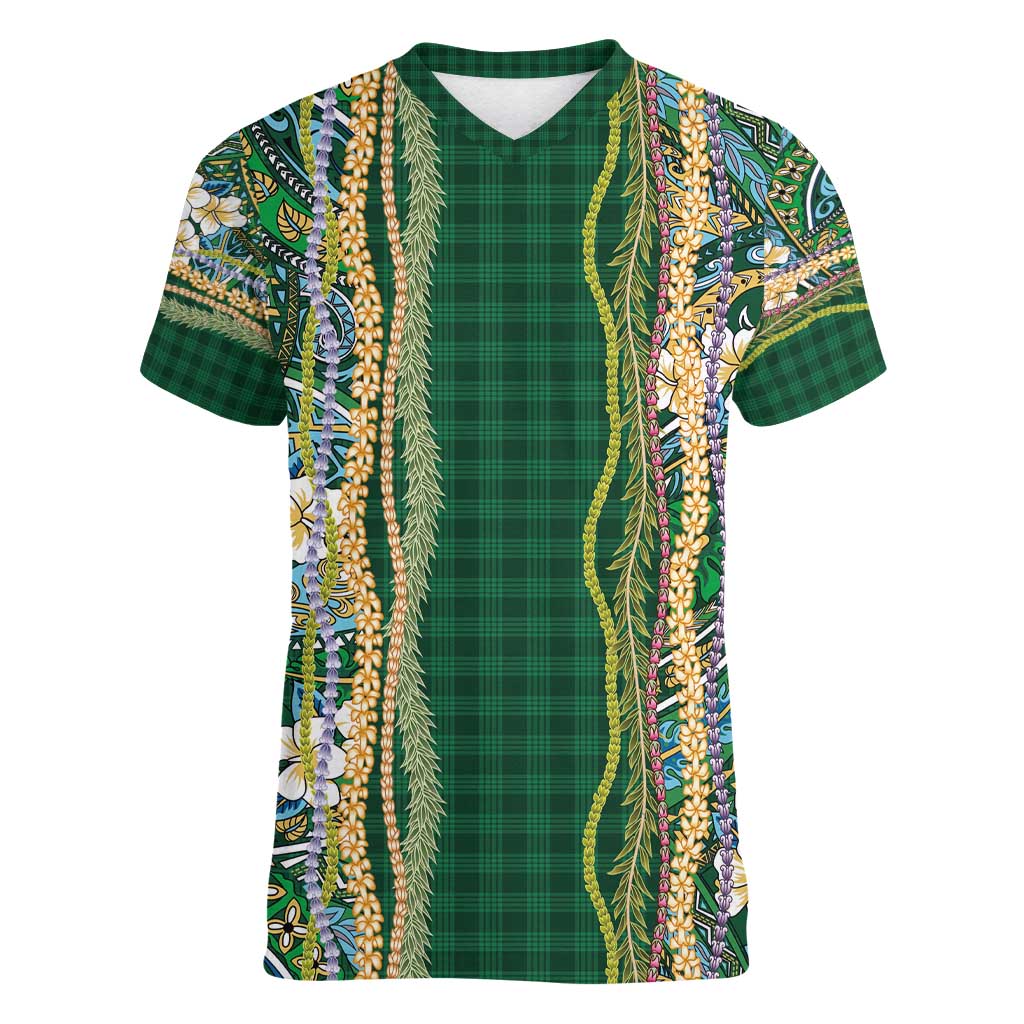 Hawaiian Art Flower Tribal with Lei Women V-Neck T-Shirt Palaka Pattern Green Color - Polynesian Pride