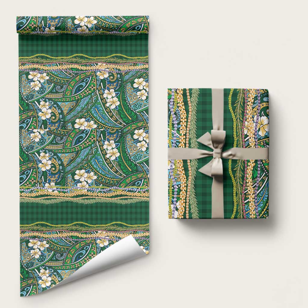 Hawaiian Art Flower Tribal with Lei Wrapping Paper Palaka Pattern Green Color - Polynesian Pride