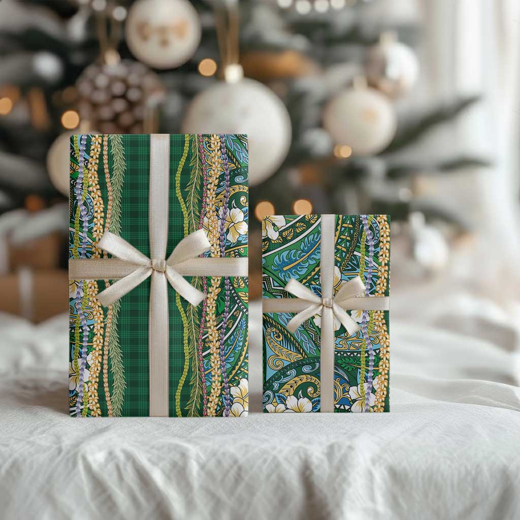 Hawaiian Art Flower Tribal with Lei Wrapping Paper Palaka Pattern Green Color - Polynesian Pride