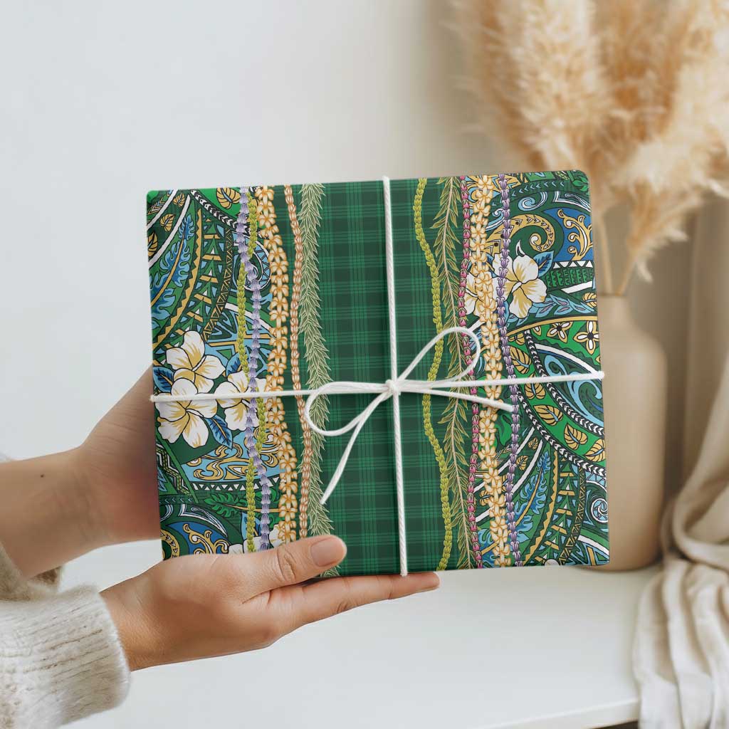 Hawaiian Art Flower Tribal with Lei Wrapping Paper Palaka Pattern Green Color - Polynesian Pride