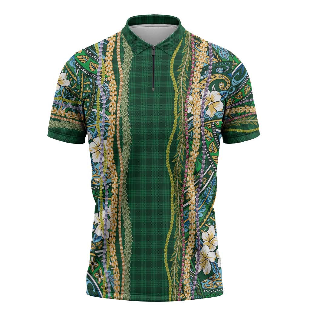 Hawaiian Art Flower Tribal with Lei Zipper Polo Shirt Palaka Pattern Green Color - Polynesian Pride