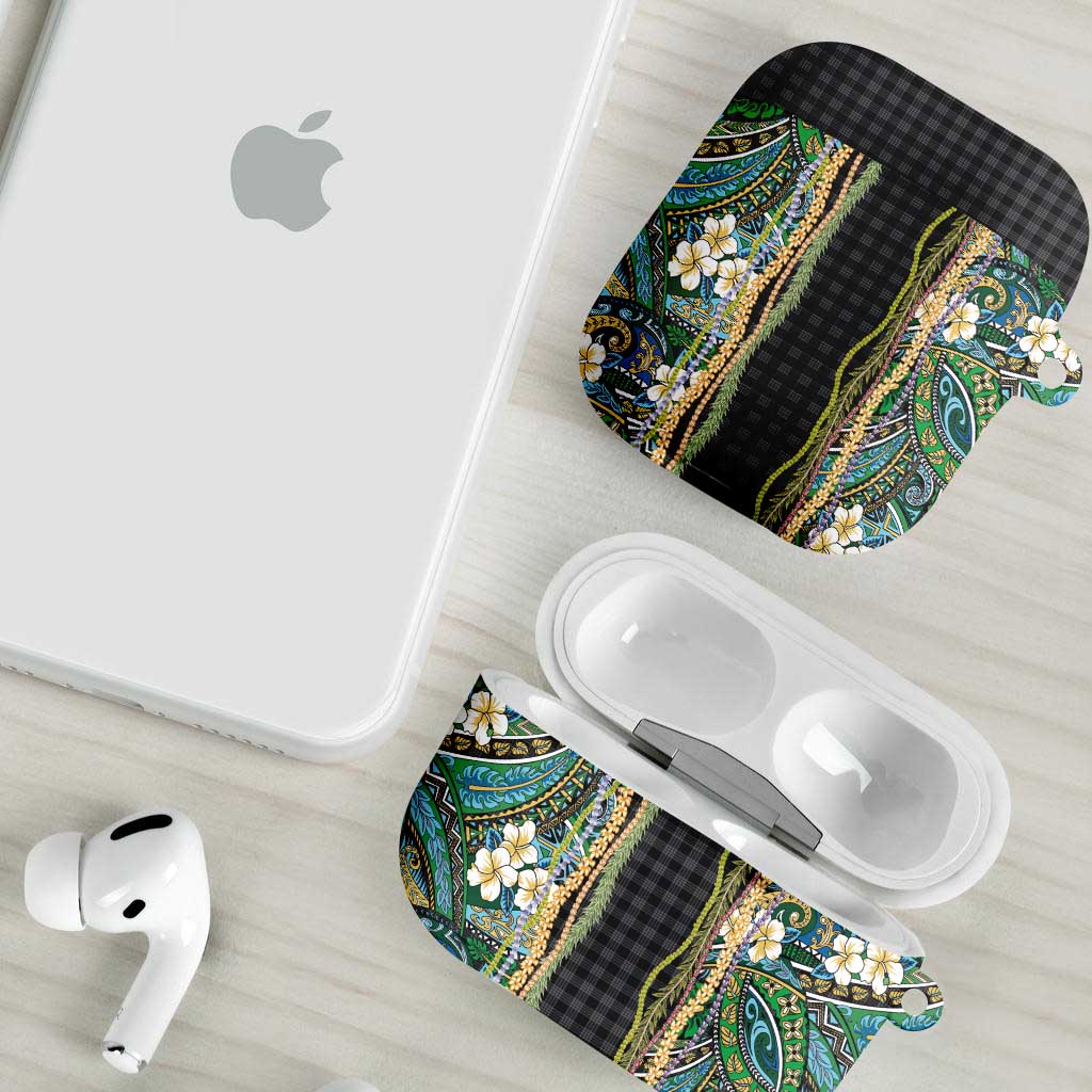 Hawaiian Art Flower Tribal with Lei AirPods Case Palaka Pattern Black Color - Polynesian Pride