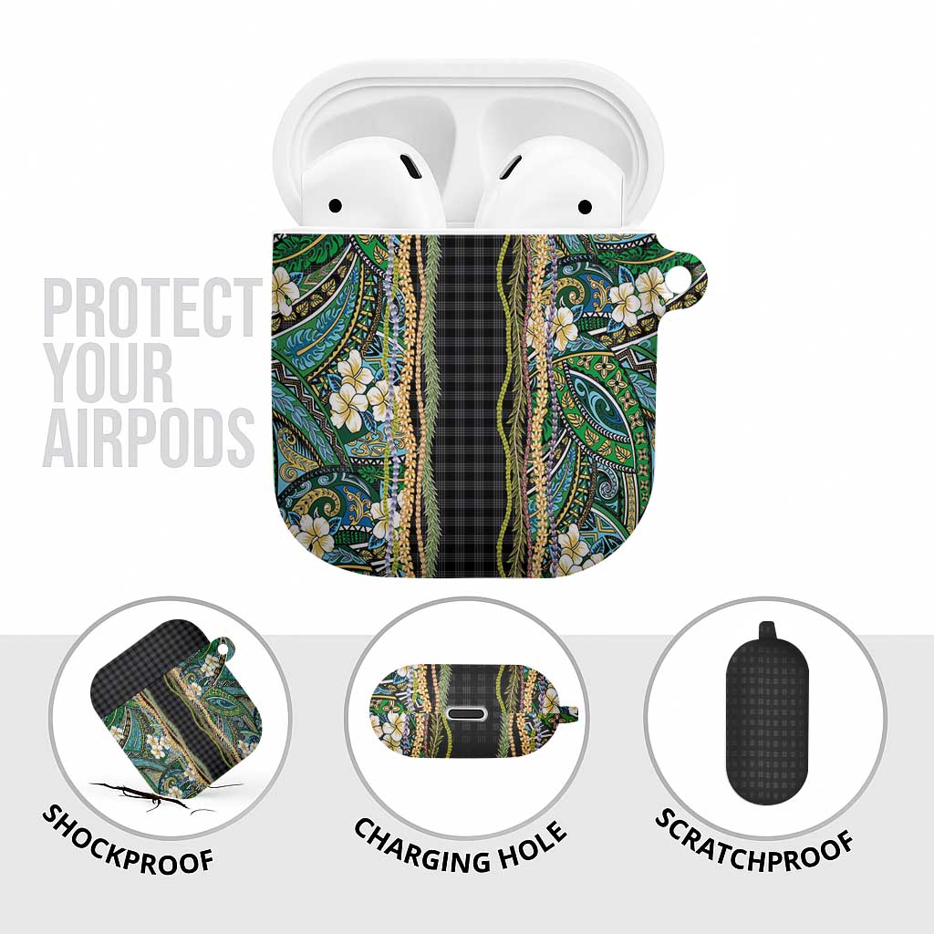 Hawaiian Art Flower Tribal with Lei AirPods Case Palaka Pattern Black Color - Polynesian Pride