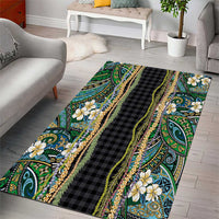 Hawaiian Art Flower Tribal with Lei Area Rug Palaka Pattern Black Color - Polynesian Pride