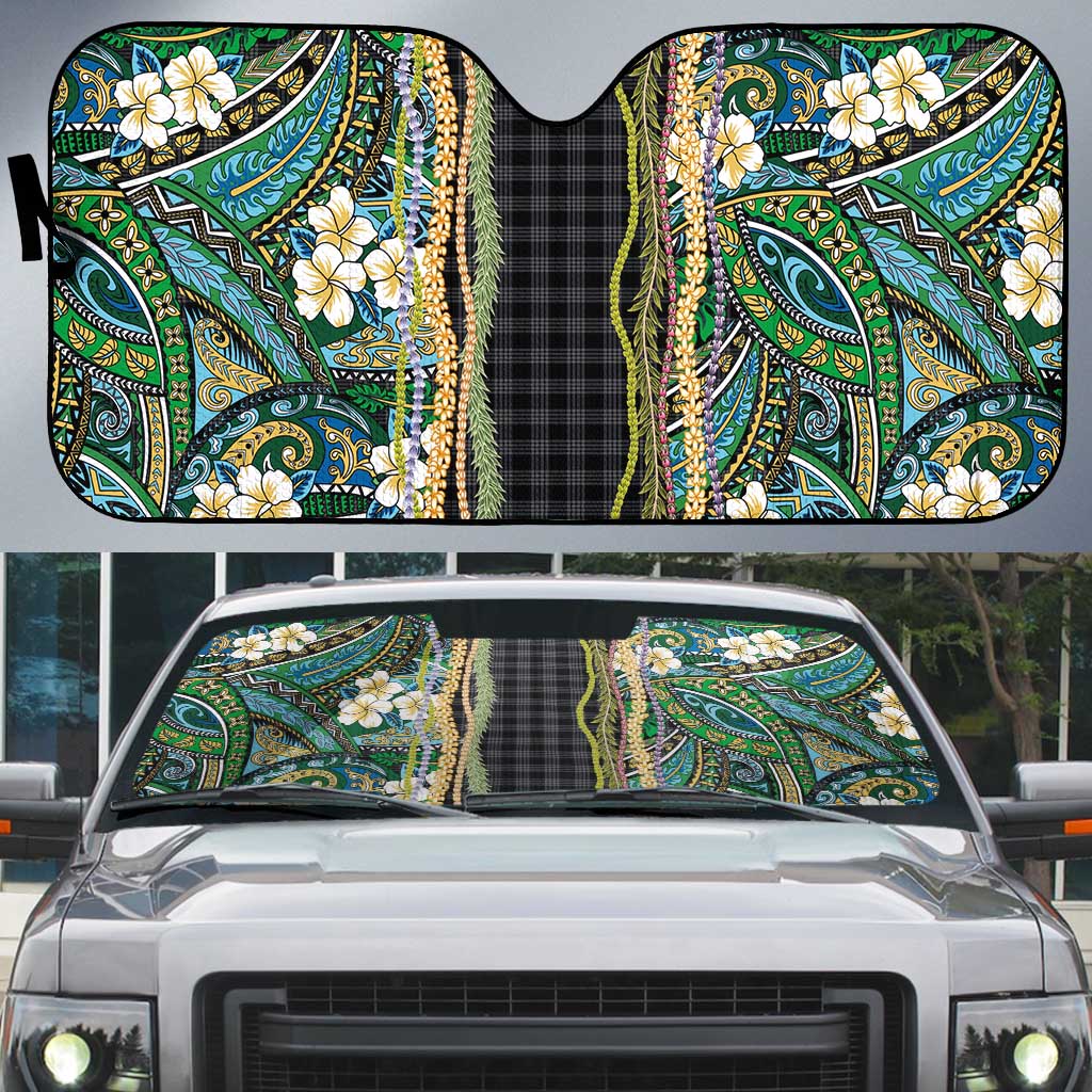 Hawaiian Art Flower Tribal with Lei Auto Sun Shade Palaka Pattern Black Color - Polynesian Pride