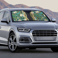 Hawaiian Art Flower Tribal with Lei Auto Sun Shade Palaka Pattern Black Color - Polynesian Pride