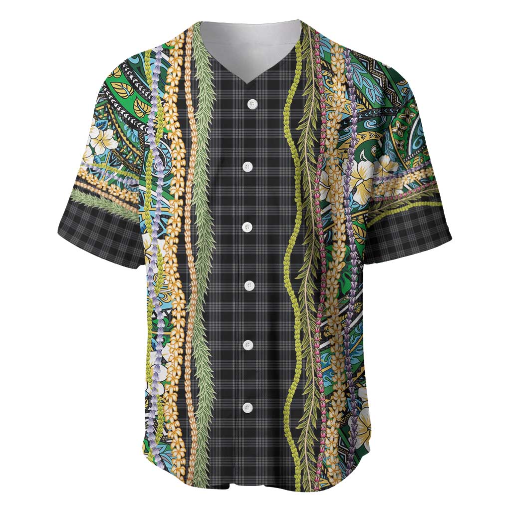 Hawaiian Art Flower Tribal with Lei Baseball Jersey Palaka Pattern Black Color - Polynesian Pride