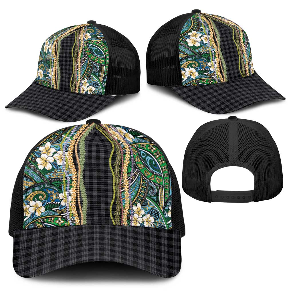 Hawaiian Art Flower Tribal with Lei Baseball Net Cap Palaka Pattern Black Color - Polynesian Pride