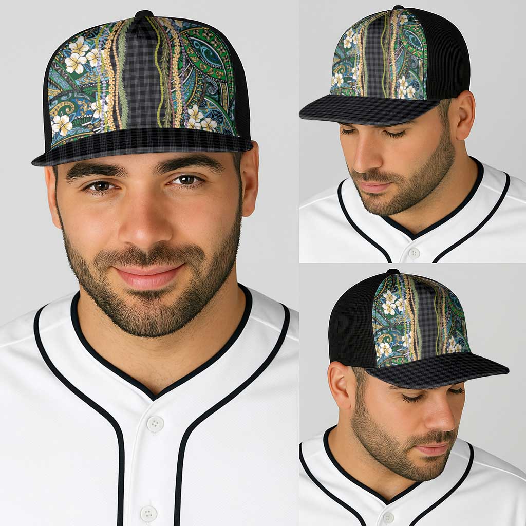Hawaiian Art Flower Tribal with Lei Baseball Net Cap Palaka Pattern Black Color - Polynesian Pride