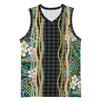 Hawaiian Art Flower Tribal with Lei Basketball Jersey Palaka Pattern Black Color - Polynesian Pride