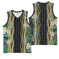 Hawaiian Art Flower Tribal with Lei Basketball Jersey Palaka Pattern Black Color - Polynesian Pride
