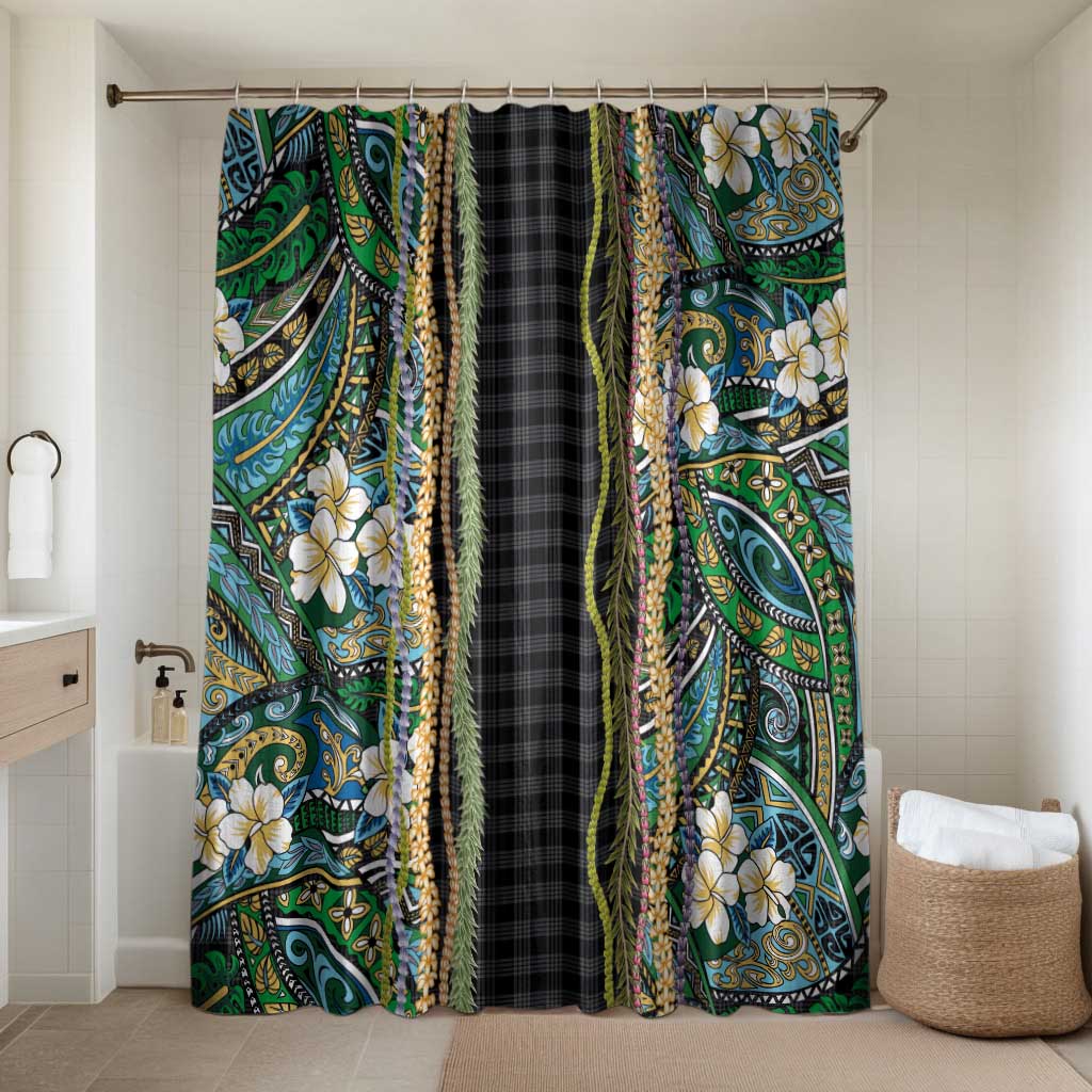Hawaiian Art Flower Tribal with Lei Bathroom Set Palaka Pattern Black Color - Polynesian Pride