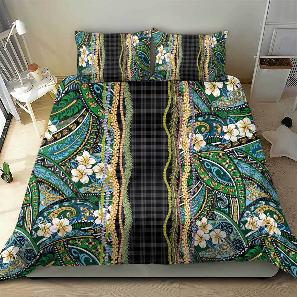 Hawaiian Art Flower Tribal with Lei Bedding Set Palaka Pattern Black Color - Polynesian Pride