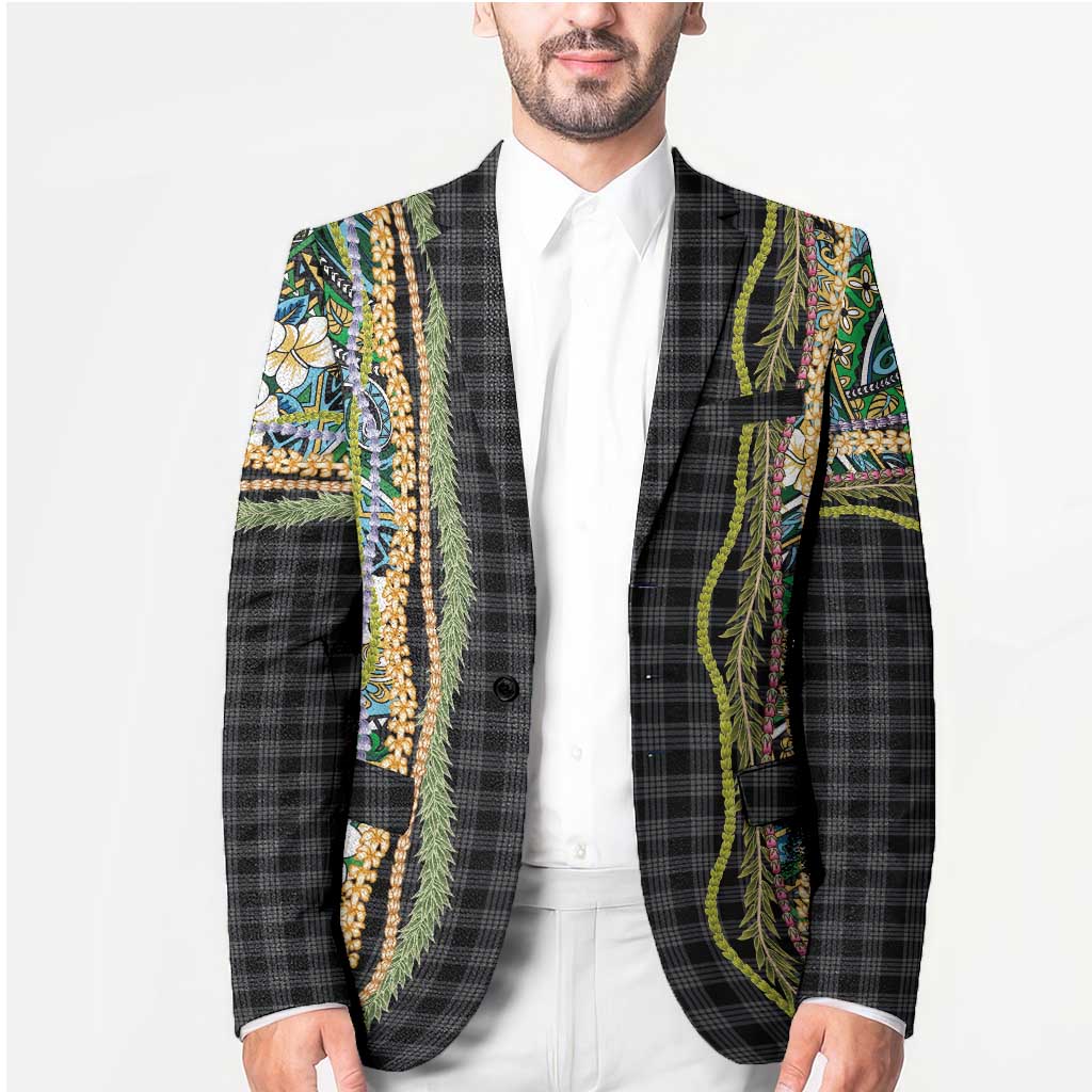 Hawaiian Art Flower Tribal with Lei Blazer Palaka Pattern Black Color - Polynesian Pride