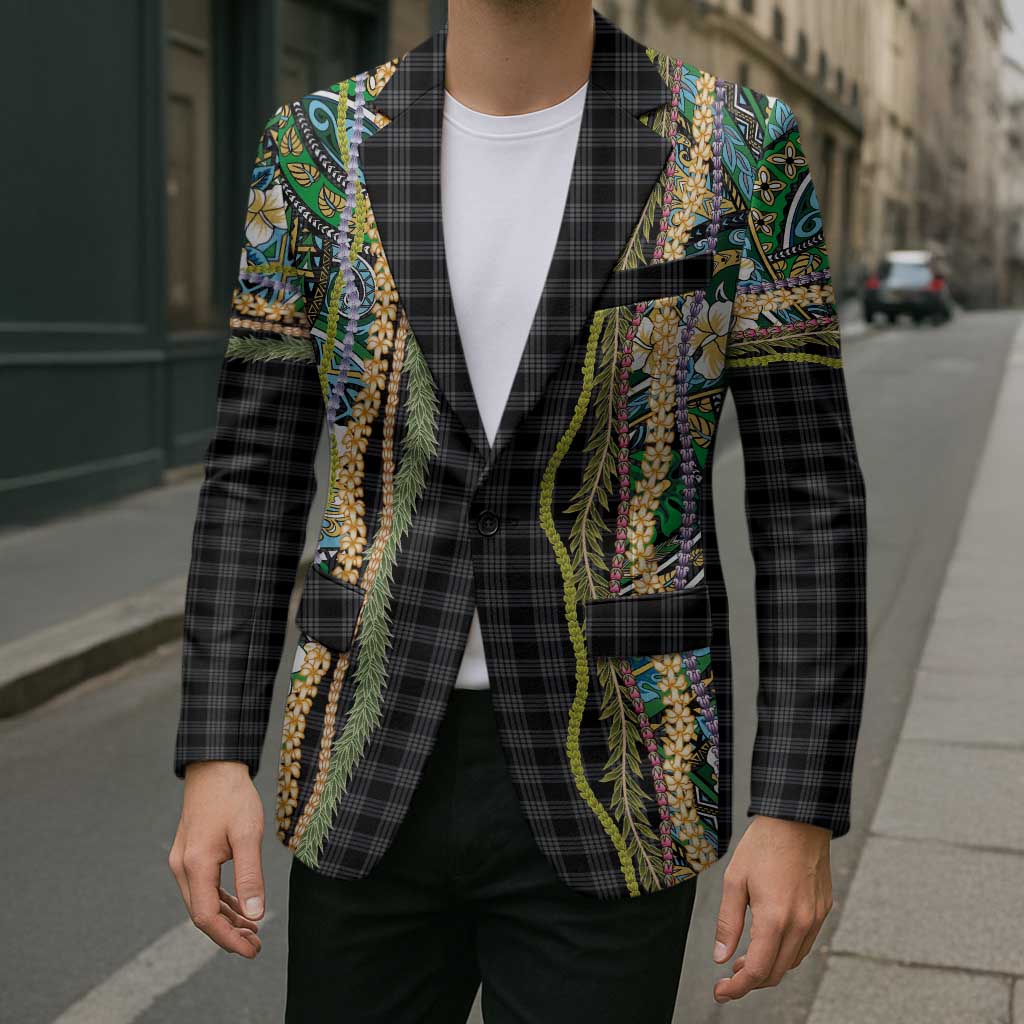 Hawaiian Art Flower Tribal with Lei Blazer Palaka Pattern Black Color - Polynesian Pride