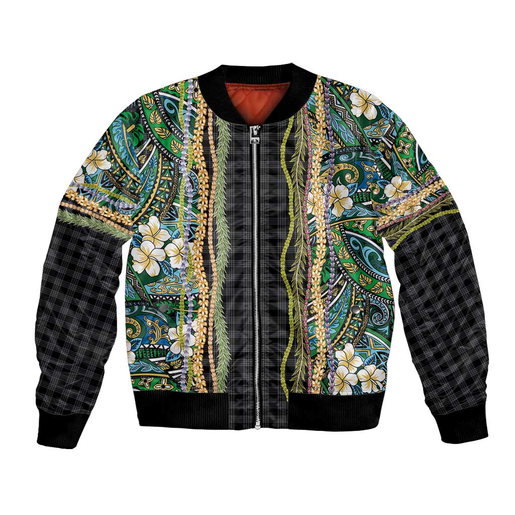 Hawaiian Art Flower Tribal with Lei Bomber Jacket Palaka Pattern Black Color - Polynesian Pride